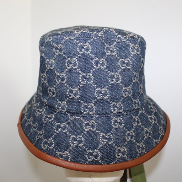 NWT GUCCI GG Blue Denim Brown Leather Trim Bucket Hat M 58 cm 576371 UNISEX main image 7